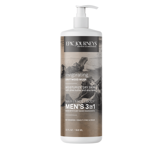 Epic Journeys Men's 3-in-1 Wash Invigorating Driftwood Musk Body Wash Los Angeles Brands 