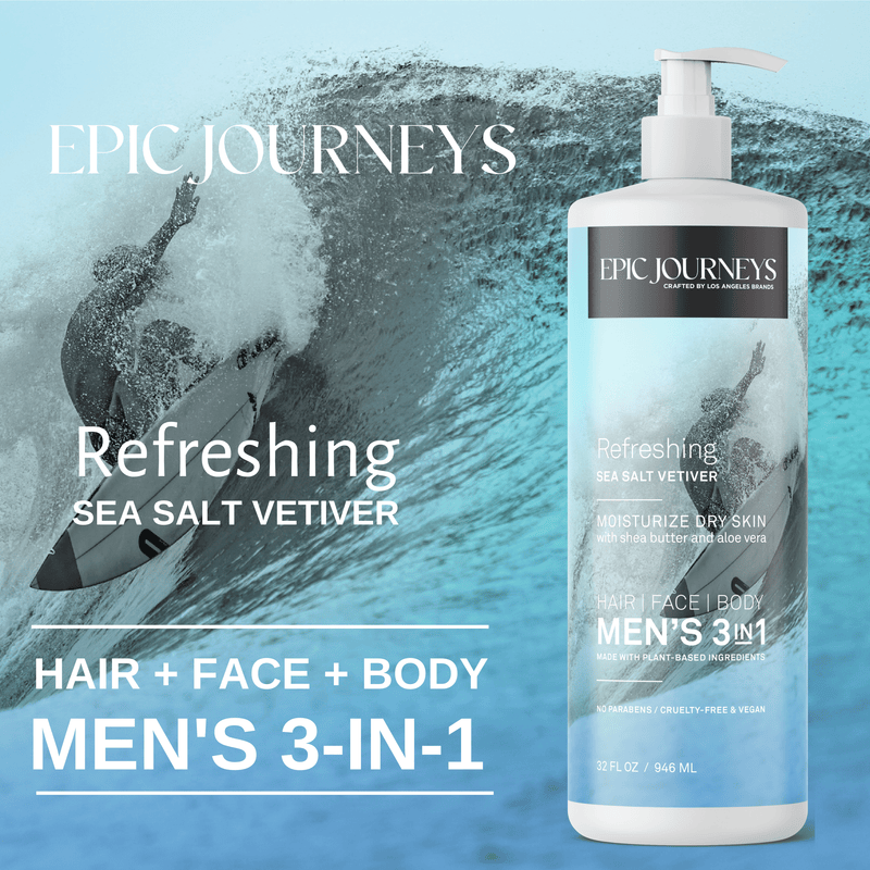 Epic Journeys Men's 3 in 1 Wash Refreshing Sea Salt Vetiver Body Wash Los Angeles Brands 